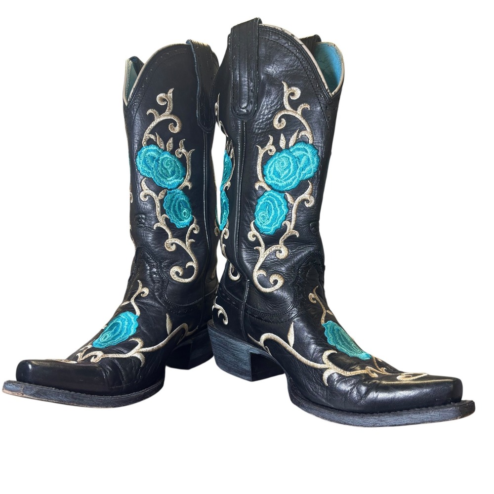 Ariat Black Leather Turquoise Floral Embroidered Snip Toe Western Boots 7 B - Picture 5 of 14
